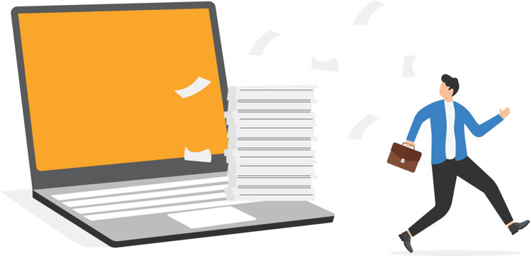 laptop, man, papers, orange screen, running