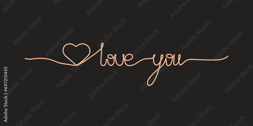 Wall mural inscription love you with heart, one line art style vector illustration isolated on black background