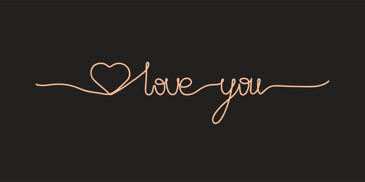 inscription love you with heart, one line art style vector illustration isolated on black background