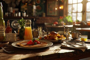 Fototapeta premium A Taste of Dutch Delight: In a Charming Dutch Cafe, a Table is Set with Pannekoek - A Culinary Journey into Traditional European Cuisine in a Cozy and Inviting Atmosphere