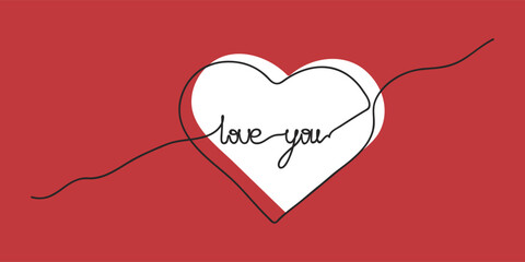 lettering love you in a white heart, one line art style vector illustration isolated on a red background