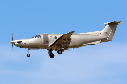 Luqa, Malta - May 25, 2017: Jetfly Pilatus PC-12-47 (REG: LX-JFY) on finals runway 31.