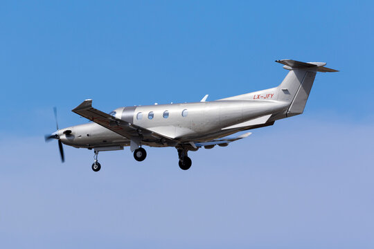 Luqa, Malta - May 25, 2017: Jetfly Pilatus PC-12-47 (REG: LX-JFY) on finals runway 31.