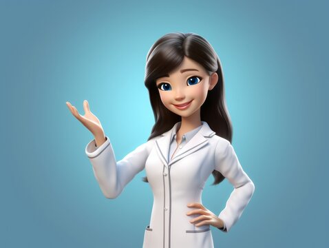 3D Woman Doctor. Asian female character. Simple cartoon fun afro person with stethoscope and uniform