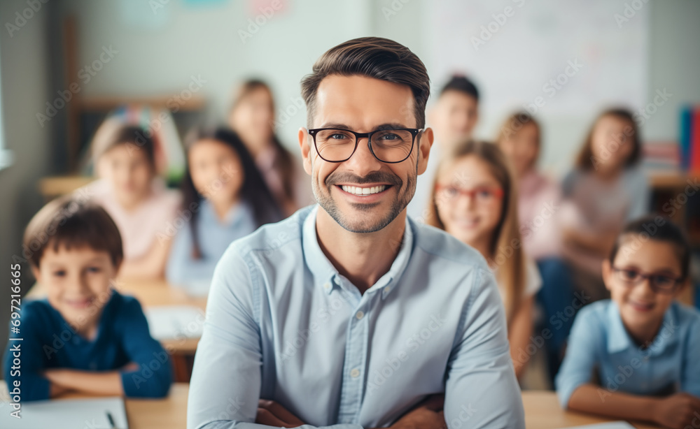 Poster portrait of smiling teacher in a class at elementary school looking at camera with learning students