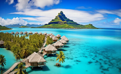 Peaceful and tranquil lagoon in Bora Bora, French Polynesia, with crystal-clear waters and overwater bungalows dotting the shoreline - obrazy, fototapety, plakaty