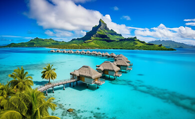 Peaceful and tranquil lagoon in Bora Bora, French Polynesia, with crystal-clear waters and overwater bungalows dotting the shoreline