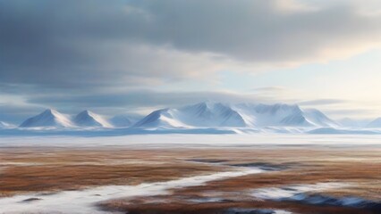 Tundra Wilderness, Vast expanses of Arctic tundra with snow-capped mountains in the background and a sense of isolation, background image, generative AI