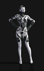 3d Illustration of A woman AI cyborg pose on black background with clipping path. AI project.