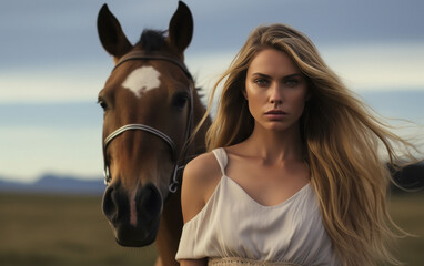 Obraz premium young beautiful woman standing with horse