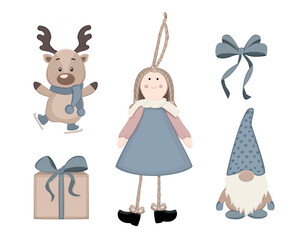 christmas set vector. Christmas elements christmas tree toy, gift box, cartoon deer, penguin, gnome, bow, ribbon vector