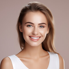 Beautiful wide smile of young fresh woman with great healthy white teeth. Isolated over background 