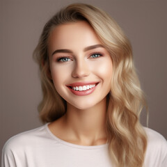Beautiful wide smile of young fresh woman with great healthy white teeth. Isolated over background 
