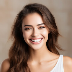 Beautiful wide smile of young fresh woman with great healthy white teeth. Isolated over background 