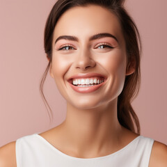 Beautiful wide smile of young fresh woman with great healthy white teeth. Isolated over background 