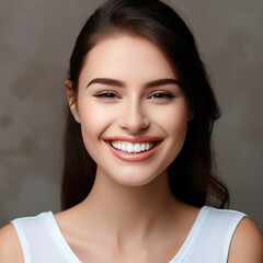 Beautiful wide smile of young fresh woman with great healthy white teeth. Isolated over background 