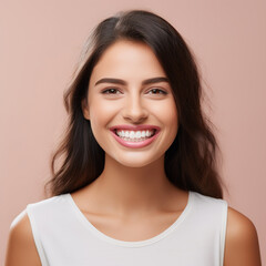 Beautiful wide smile of young fresh woman with great healthy white teeth. Isolated over background 