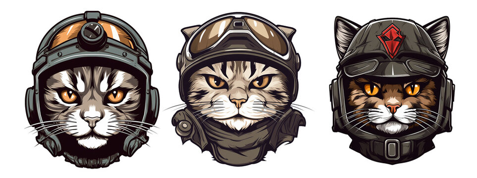 set of cat head mascots wearing helmets 