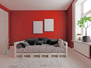 Mock up of a compact living room with a fashionable comfortable sofa and a stylish background, 3d rendering.