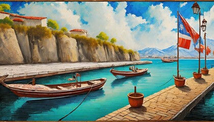 boats at the pier digital illustration wallpaper on the wall the fresco