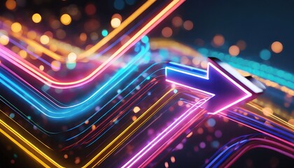 3d render abstract neon arrow pointing right direction telecommunication technology concept glowing colorful lines and bokeh lights