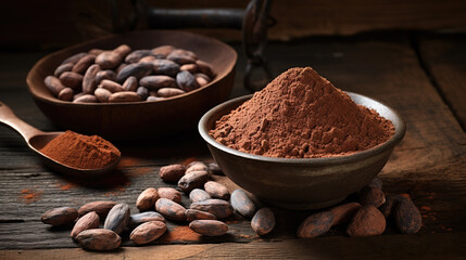 Cocoa powder in a bowl and cocoa beans on wooden background - obrazy, fototapety, plakaty