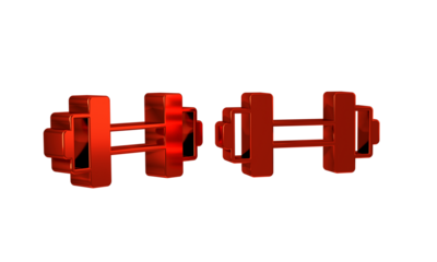 Red Dumbbell icon isolated on transparent background. Muscle lifting, fitness barbell, sports equipment.