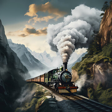 Vintage steam train chugging through a mountainous landscape.