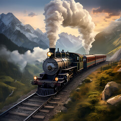Vintage steam train chugging through a mountainous landscape.