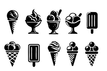 Sketch Ice cream icons frozen creamy desserts, gelato ice cream, wafer cone, caramel eskimo or chocolate glaze sundae whipped cream and fruit ice, fresh vanilla scoops - obrazy, fototapety, plakaty