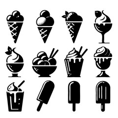 Sketch Ice cream icons frozen creamy desserts, gelato ice cream, wafer cone, caramel eskimo or chocolate glaze sundae whipped cream and fruit ice, fresh vanilla scoops - obrazy, fototapety, plakaty
