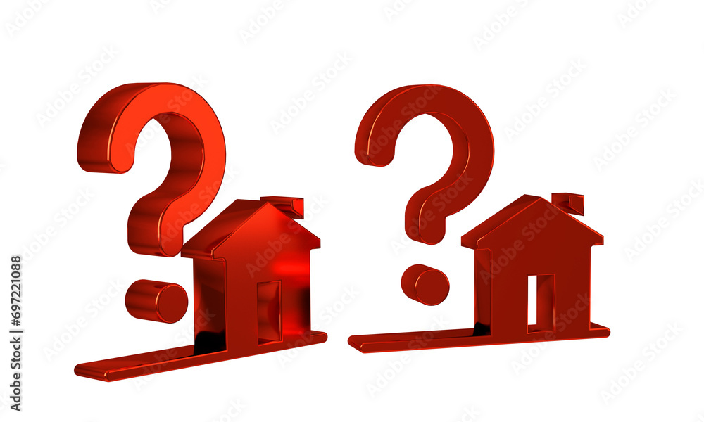 Poster red house with question mark icon isolated on transparent background. housing problems, questions.