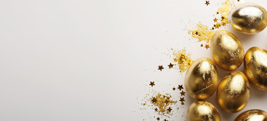 Golden easter eggs background, top view with copy space