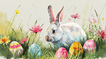 Happy Easter. A hare is sitting in the grass with colorful eggs. Watercolour	
