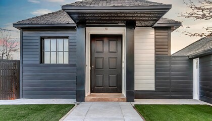 contemporary exterior of home with dark ceramic tiles as siding of house and tall front door generative ai