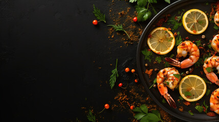 Grilled tiger prawns, shrimp, with lemon and herbs in frying pan