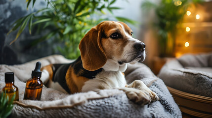 Tierische Entspannung: Beagle-Hund neben Cannabisöl-Flasche auf Hundekissen