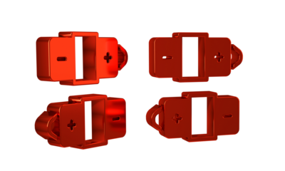 Red Battery icon isolated on transparent background. Lightning bolt symbol.