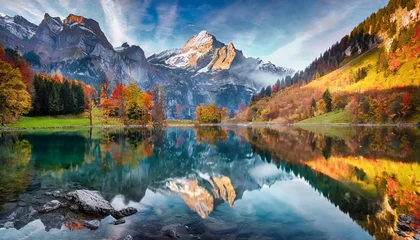 Keuken foto achterwand Reflectie landscape photography attractive morning view of swiss alps santis peak reflected in the calm surface of pure water of lake spectacular autumn scene of seealpsee lake switzerland
