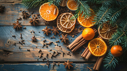 Christmas background with oranges, cinnamon and star anise on wooden table	
