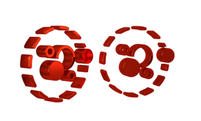 Red Atom icon isolated on transparent background. Symbol of science, education, nuclear physics, scientific research.