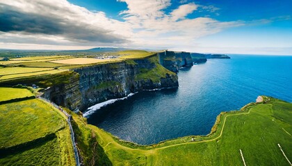 aerial view of the cliffs of moher in ireland beautiful blue ocean and green grassy fields...