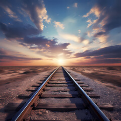Train tracks disappearing into the distance under a vast open sky.