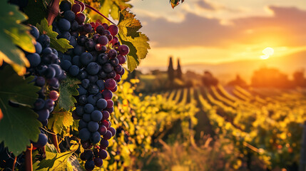 Red wine grapes on vineyard at sunset, Tuscany, Italy - obrazy, fototapety, plakaty