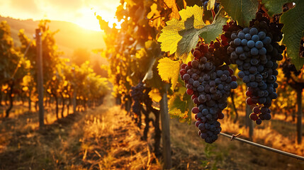 Red wine grapes on vineyard at sunset, Tuscany, Italy