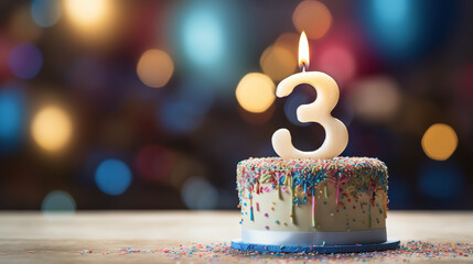 Birthday cake with number three candle on bokeh lights background