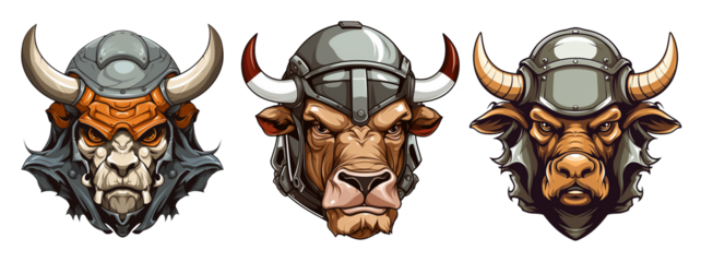 set of fighting cow head mascots