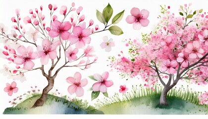 watercolor style illustration of pink flower and cherry blossom tree garden summer and spring collection set isolated on white background generative ai