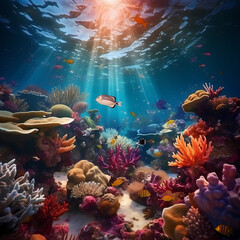 Fototapeta na wymiar Underwater scene with diverse marine life and vibrant coral reefs.