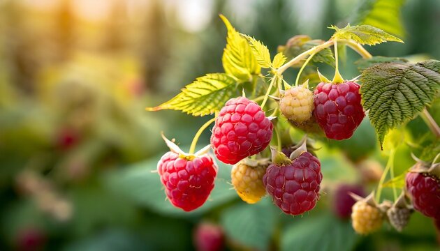 branch of ripe raspberries in a garden on blurred background growing sweet berries generative ai